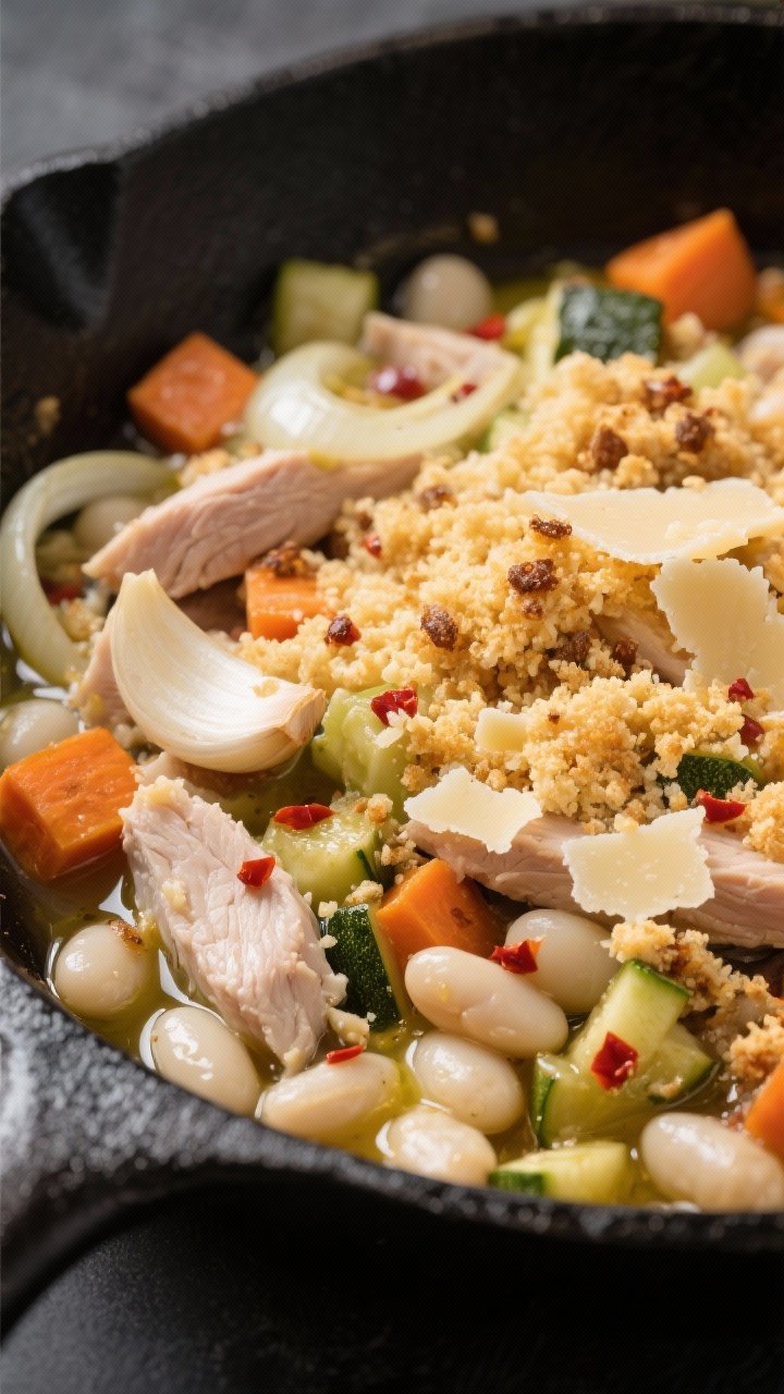 Close-up skillet scene of a cozy turkey, white bean, and veggie sauté with parmesan crumbs. In a matte black skillet: olive oil–glossed onion and sliced garlic, red pepper flake specks, diced carrots or sweet potato, and diced zucchini or peppers mingling with creamy white beans and chunks of turkey. A generous shower of golden parmesan breadcrumbs (toasted in olive oil) on top, with tiny browned bits visible. Soft, directional light to emphasize creamy beans and crunchy crumbs contrast, a few parmesan shavings and a drizzle of olive oil finishing the dish.