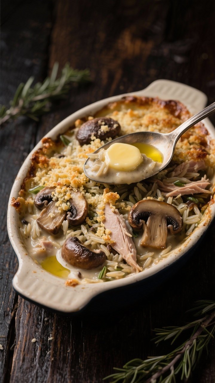 Moody 45-degree angle of a creamy mushroom gratin with turkey and wild rice: a deep, velvety mushroom sauce enveloping mixed mushrooms (cremini, shiitake, oyster), shredded turkey, and wild rice, topped with a gratinéed layer of buttery crumbs and parmesan, blistered and golden. Set in a rustic oval gratin dish with a drizzle of olive oil and a pat of melted butter sheen, garnished with thyme. Dark wood tabletop, soft side lighting to accentuate glossy mushroom caps and crispy gratin texture, a spoonful scooped to showcase the luscious, creamy interior.