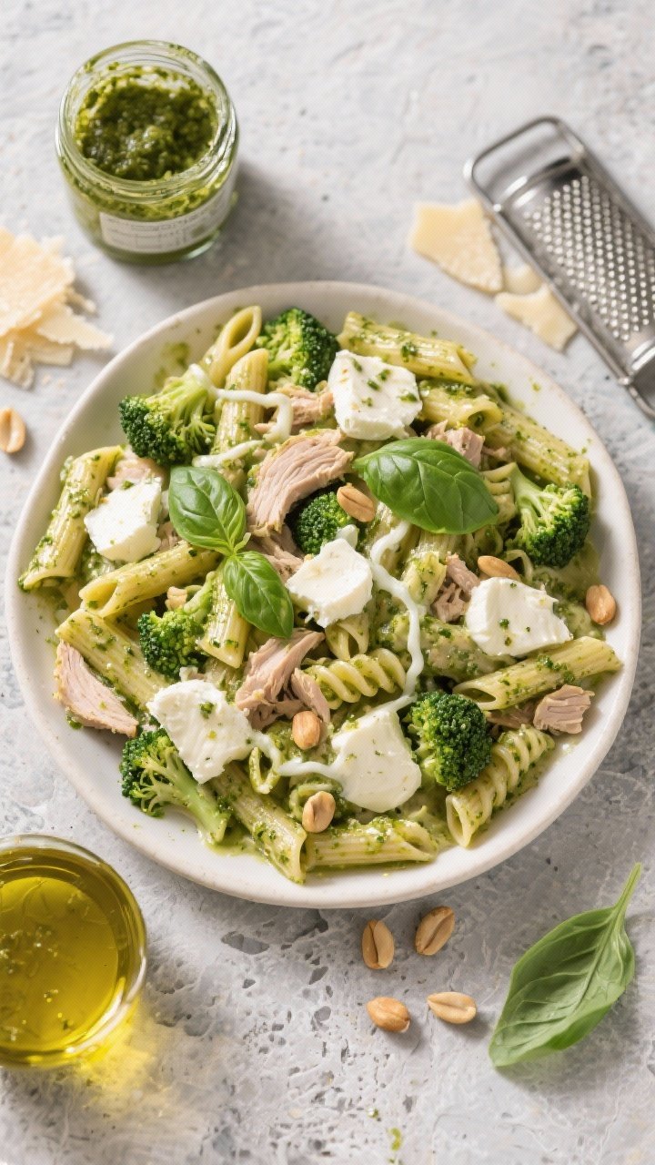 Overhead plated presentation of a Creamy Pesto Turkey Bake with Broccoli and Mozzarella: short pasta (penne/fusilli) coated in glossy basil pesto, mixed with chopped leftover turkey and small broccoli florets, dotted with melted mozzarella pockets pulling into strands. Garnish with fresh basil leaves and a sprinkle of pine nuts. Style on a cool stone surface with a jar of pesto, a microplane with parmesan shavings, and a drizzle of olive oil; bright, fresh, green-forward color palette.