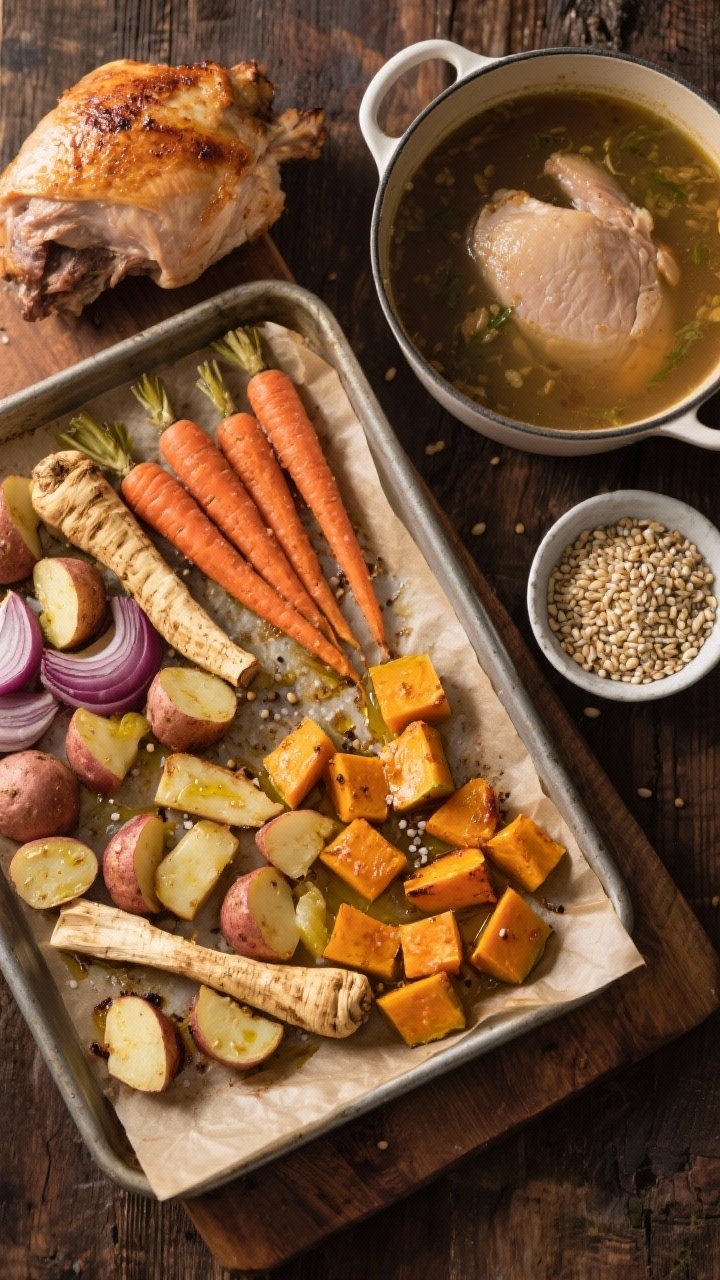 Overhead rustic ingredient-and-roast scene: Components for Rustic Turkey Barley Soup arranged on a sheet pan and board—carrots and parsnips/potatoes cut into 1/2-inch chunks, onion wedges, and optional butternut squash cubes tossed with olive oil, salt, and pepper, just out of the oven with caramelized edges. Next to them: a small bowl of pearl barley and a pot of turkey stock ready for the soup. Earthy tones, parchment-lined pan, wooden table for a hearty, homestyle mood.