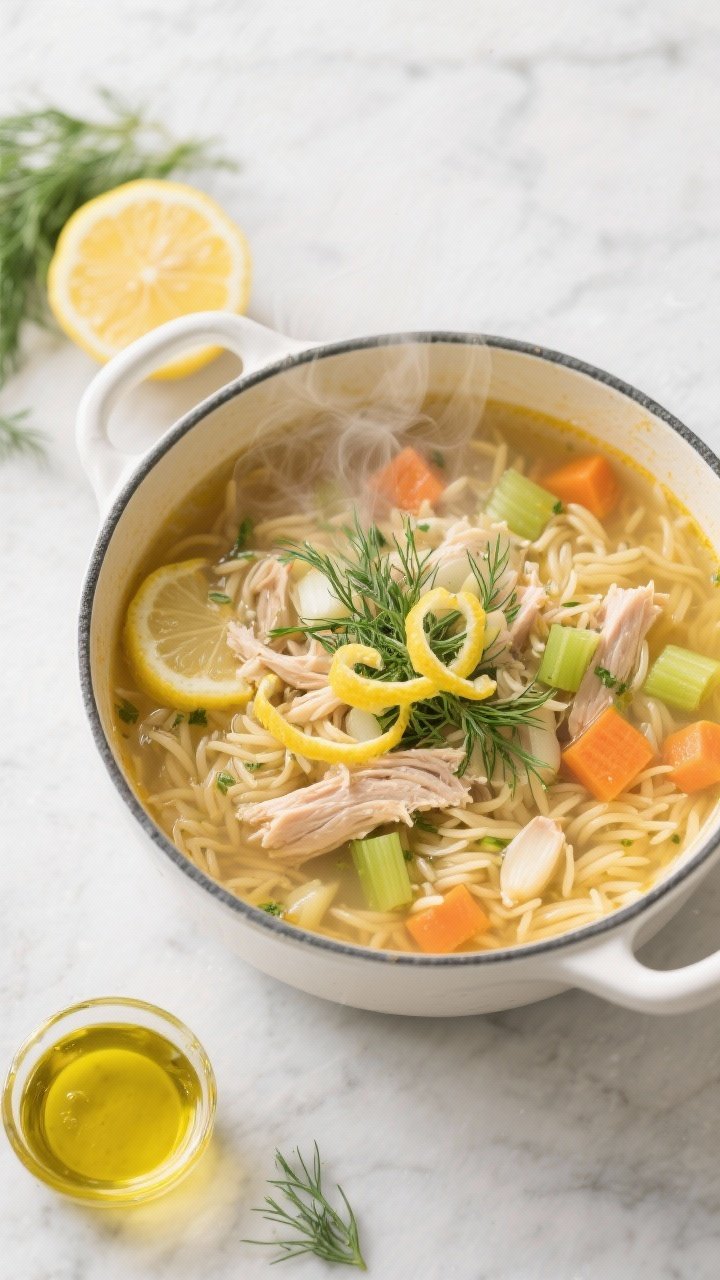 Overhead shot: A bright, zesty Lemon-Dill Turkey Orzo Soup in a white enamel pot on a light marble surface, featuring visible orzo pasta, shredded turkey pieces, finely diced yellow onion, diced carrots, diced celery, and minced garlic in a clear golden low-sodium turkey broth. Garnish generously with fresh dill fronds and lemon zest curls, with lemon wedges and a drizzle of olive oil nearby, steam gently rising for freshness.