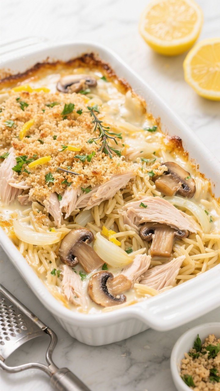 Overhead shot of a bubbling Creamy Turkey Orzo Bake in a white enamel casserole, showing tender shredded leftover turkey intertwined with glossy orzo, sautéed onions and garlic, and golden-edged sliced mushrooms. Finish with a visible lemon-herb crunchy topping: toasted breadcrumbs flecked with finely chopped parsley, thyme, and lemon zest. Style on a light marble surface with a zester, halved lemon, and a small bowl of extra herby crumbs; warm, soft daylight, shallow depth to emphasize creamy textures and the crisp topping.