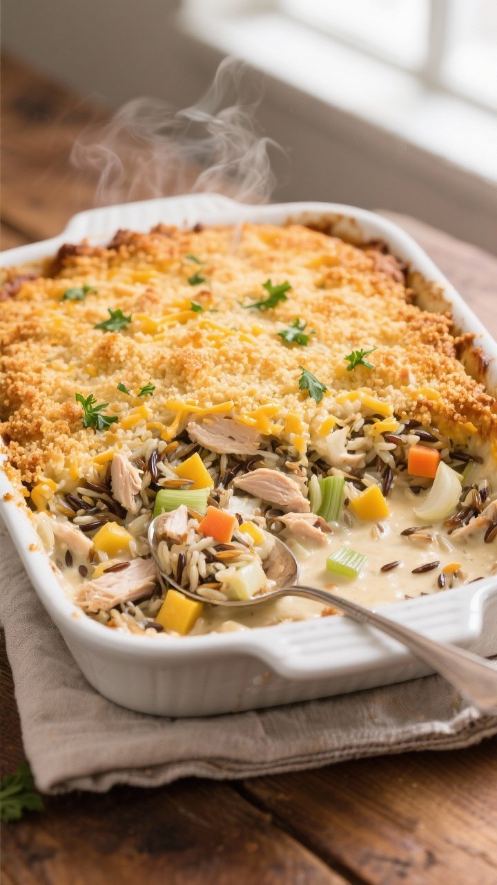 Overhead shot of a creamy classic leftover turkey wild rice casserole just out of the oven: golden, lightly browned breadcrumb-cheddar crust with flecks of parsley, revealing creamy sauce binding wild rice, chopped leftover turkey, diced yellow onion, celery, carrots, and minced garlic. Served in a white enameled baking dish on a warm wooden table with a linen napkin, a serving spoon revealing the rich, cozy interior; steam rising, soft natural window light for a comforting, homestyle mood.