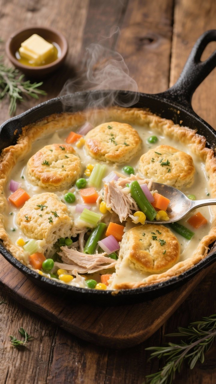 Overhead shot of a creamy skillet turkey pot pie in a black cast-iron pan, topped with golden, herby biscuit rounds. Visible diced onion, celery, and carrots in a velvety sauce with mixed leftover vegetables like peas, green beans, and corn peeking through. Butter gloss on the biscuits, steam rising, a spoon breaking into the creamy filling to reveal shredded turkey and vegetables, styled on a rustic wooden table with a small dish of melted butter and scattered thyme. Warm, cozy lighting to emphasize comfort-food texture.