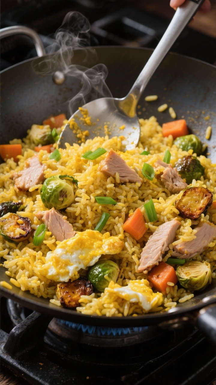 Overhead wok shot of golden fried rice with turkey and roasted vegetables, showcasing crispy edges. Day-old jasmine rice stained vibrant yellow with turmeric, tossed with scrambled eggs, chopped leftover roasted veggies (Brussels sprouts, carrots, etc.), and bits of turkey. Visible crunchy rice bits, glistening with a light sheen of neutral oil, scallions sprinkled over top. A metal wok spatula mid-stir to capture motion, a little wispy steam, placed on a dark stovetop with minimal props to highlight texture and crispness.
