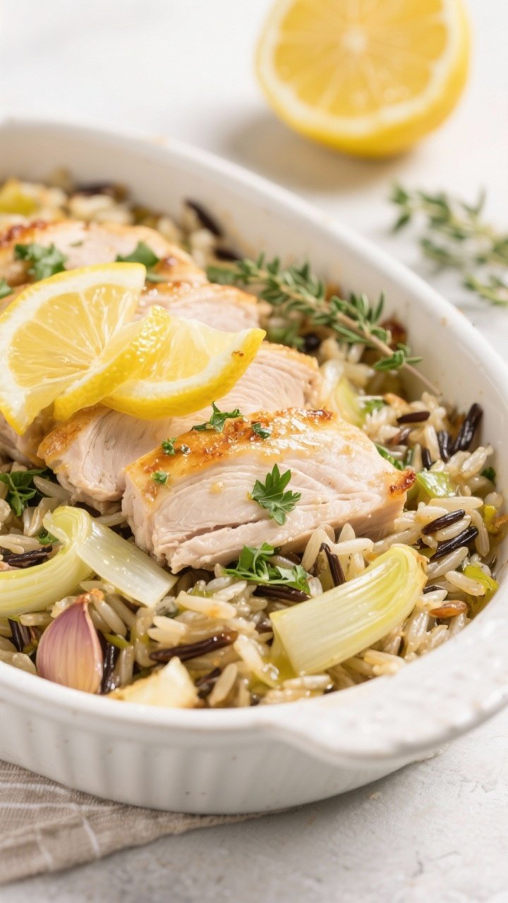 Straight-on close-up of a zesty lemon-herb turkey and wild rice bake: tender chunks of turkey and wild rice studded with thinly sliced fennel (or leeks), minced shallot, and garlic, all glistening with olive oil and brightened by lemon zest curls and fresh herb leaves (parsley and thyme). Presented in a shallow white stoneware dish with thin lemon slices tucked on top, crisped edges, and a light, sunny ambiance; background props include a halved lemon and herb sprigs to convey aromatic, citrus-herb freshness.