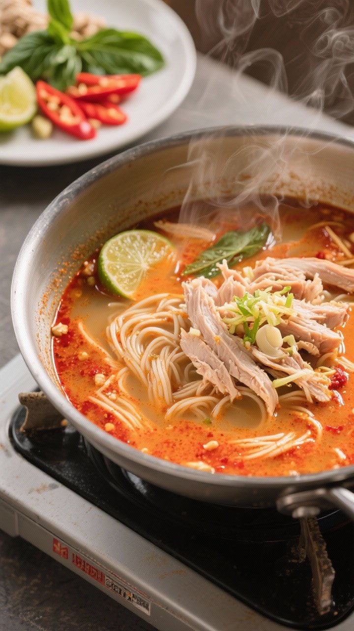 Straight-on cooking process shot: Thai-Inspired Coconut Turkey Noodle Soup simmering in a wide stainless saucepan, a glossy coconut milk broth tinted orange-red from red curry paste. Visible rice noodles just submerged, shredded turkey, turkey/chicken broth, grated fresh ginger threads, and minced garlic. Garnish cluster ready to add: lime wedges, Thai basil leaves, and sliced red chili on a side dish; soft side light highlights the aromatic steam.