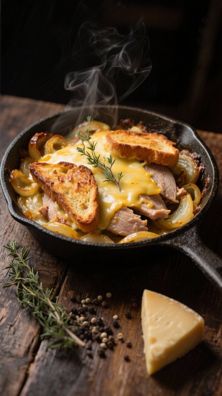 Straight-on, moody bistro-style shot of a French Onion Turkey Bake: a skillet of deeply caramelized yellow onions with thyme, folded with succulent turkey, topped with thick Gruyère toasts that are broiled until molten and bubbly, cheese stretching and browned at the edges. Place the skillet on a rustic wooden table with a sprig of fresh thyme, a small pile of cracked black pepper, and a wedge of Gruyère. Low-key lighting and steam visible for a cozy, French brasserie feel.