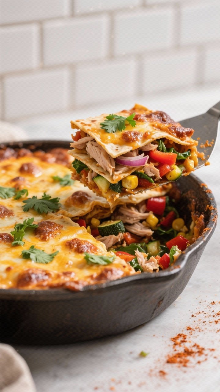 Straight-on shot of a smoky turkey and veggie enchilada bake, freezer-friendly casserole just pulled from the oven. Layers of tortillas tucked around diced or shredded cooked turkey, onion, red bell pepper, and mixed vegetables like zucchini, corn, and spinach, all smothered in a smoky chili-spiked enchilada sauce and melted cheese. Edges bubbling, browned cheese blisters, garnished with cilantro and a sprinkle of chili powder. A serving spatula lifts a square to reveal the stacked filling. Warm, saturated colors with a cast-iron or ceramic baking dish on a tiled backdrop.