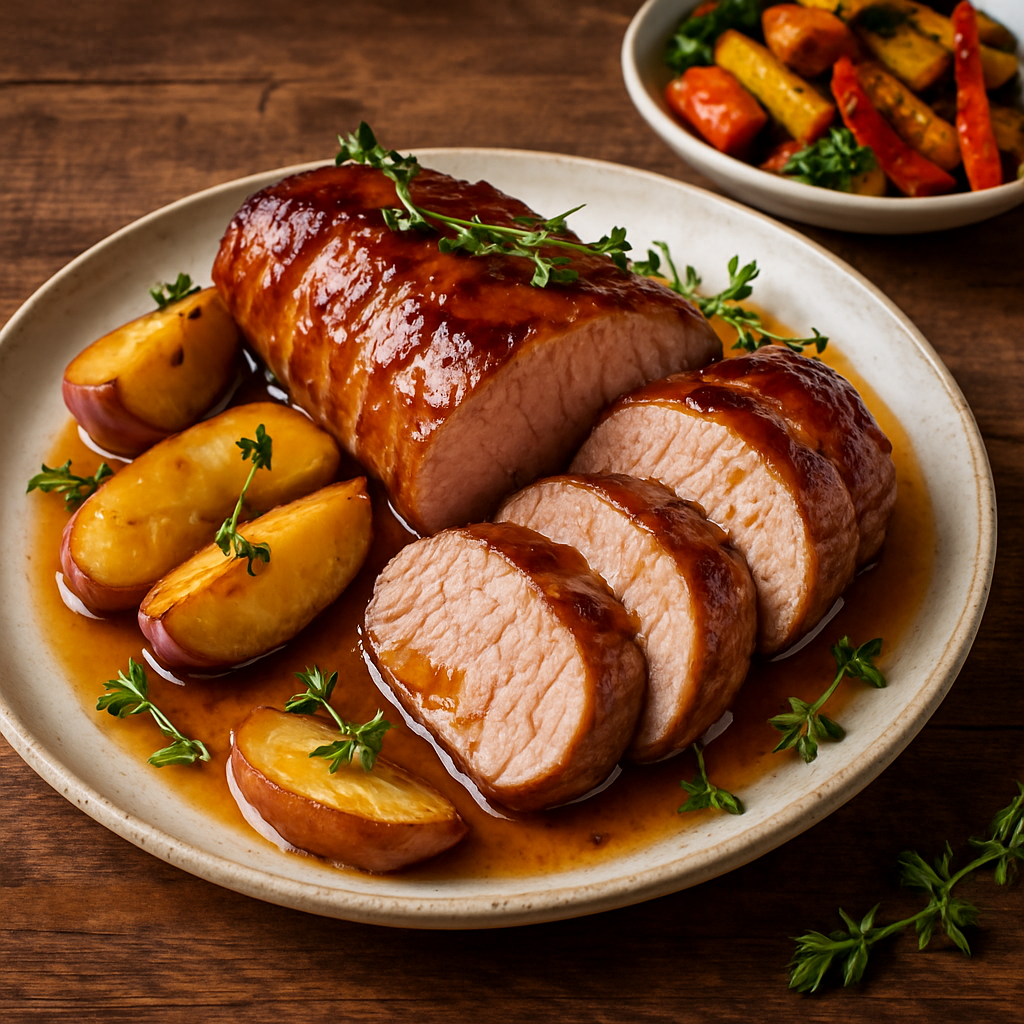 Sliced apple glazed pork tenderloin with roasted apples and herbs on a rustic table.