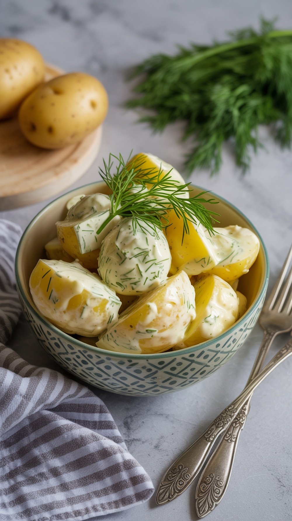 A bowl of Dijon and dill potato salad with fresh dill on top, surrounded by raw potatoes and a striped napkin.