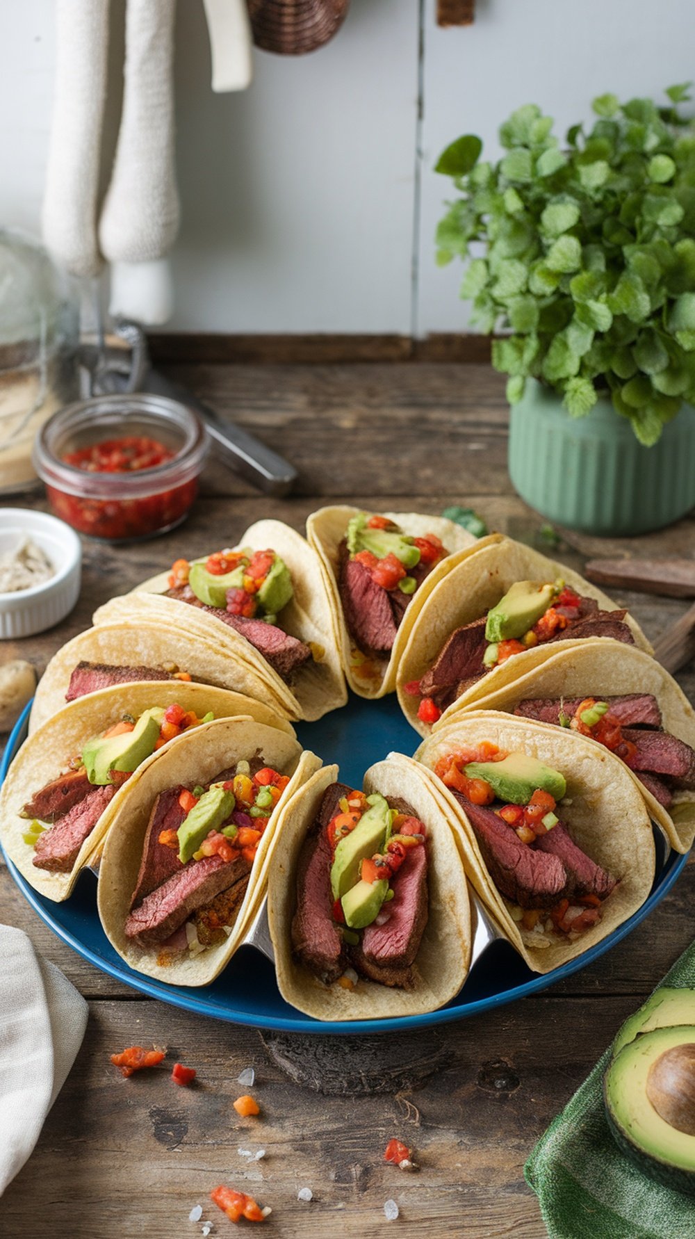 A plate of sirloin steak tacos topped with fresh salsa and avocado slices.