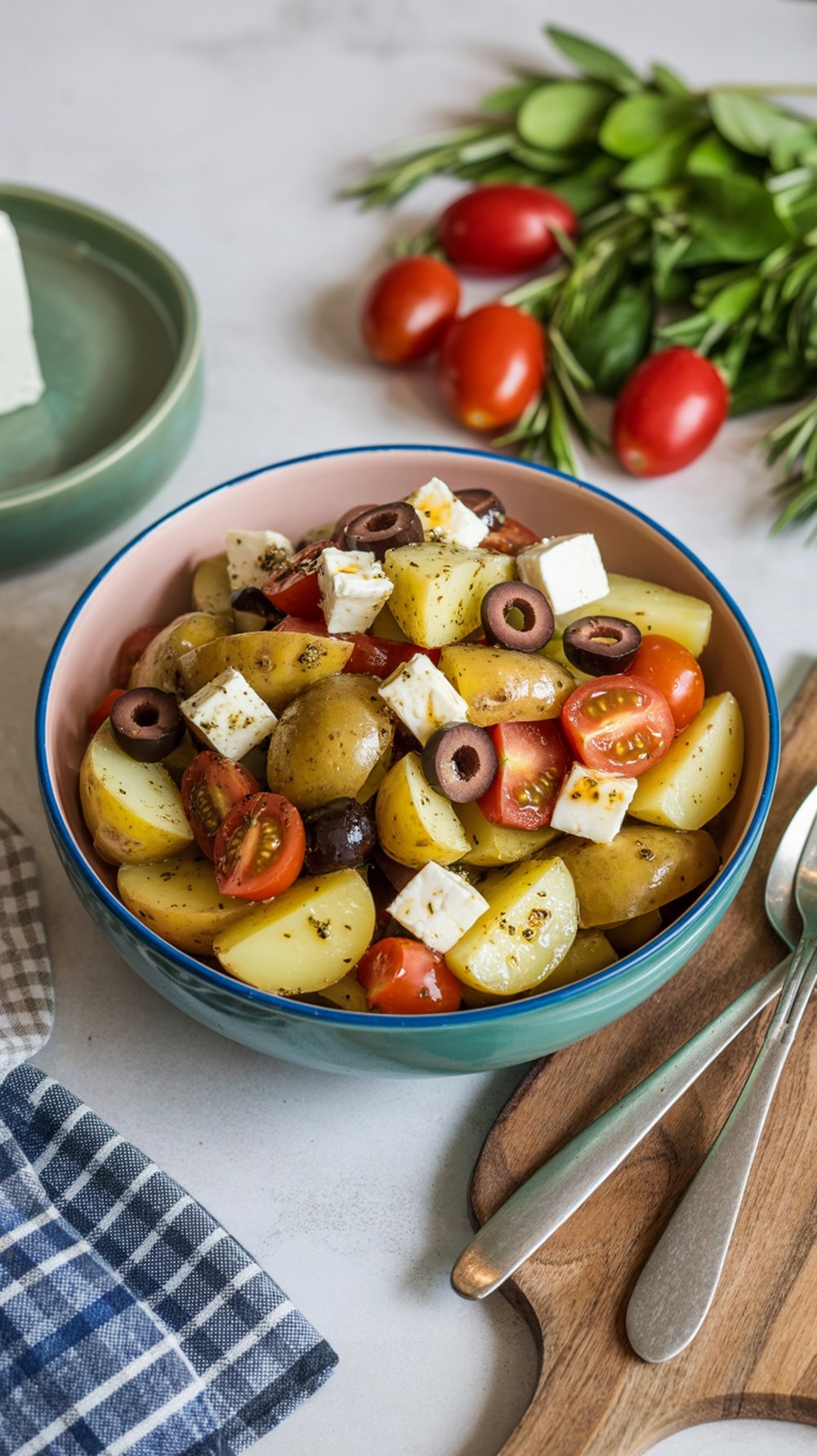 A bowl of Mediterranean potato salad with feta, cherry tomatoes, and olives, garnished with herbs.