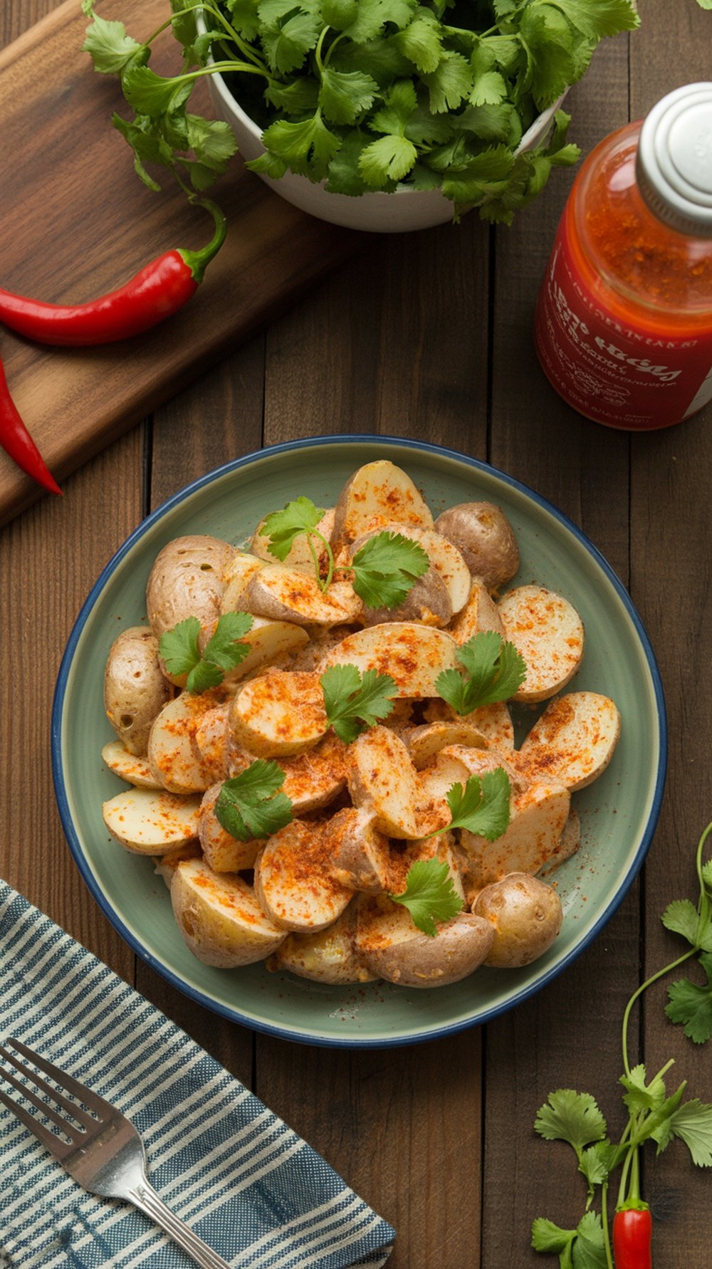 A bowl of spicy Sriracha potato salad topped with cilantro and paprika, with a bottle of Sriracha and fresh chilies in the background.