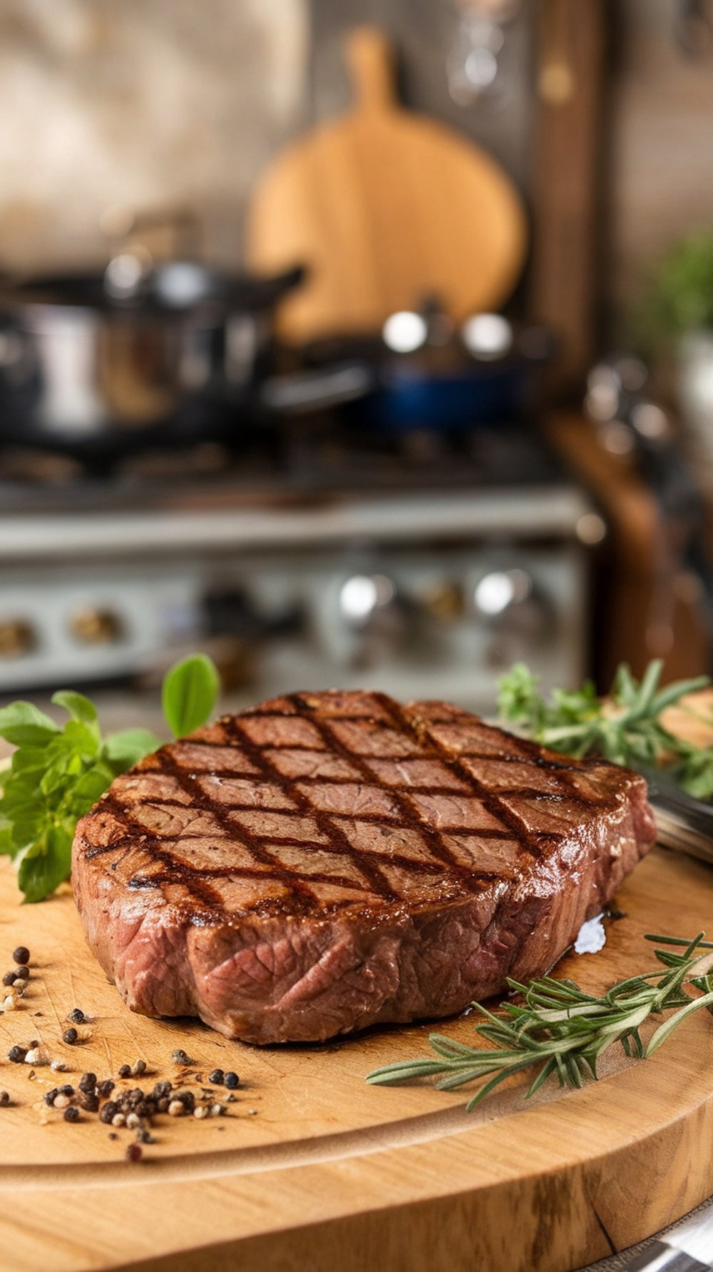 A perfectly grilled sirloin steak with grill marks, garnished with herbs, on a wooden cutting board.