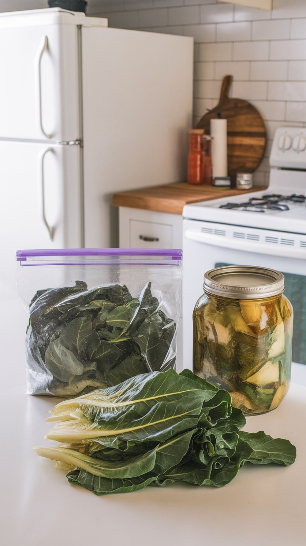 A kitchen scene with fresh collard greens, a bag of dried collard greens, and a jar of preserved collard greens.