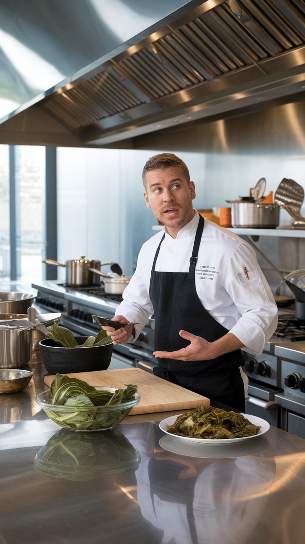 A chef demonstrating cooking techniques for collard greens in a modern kitchen.
