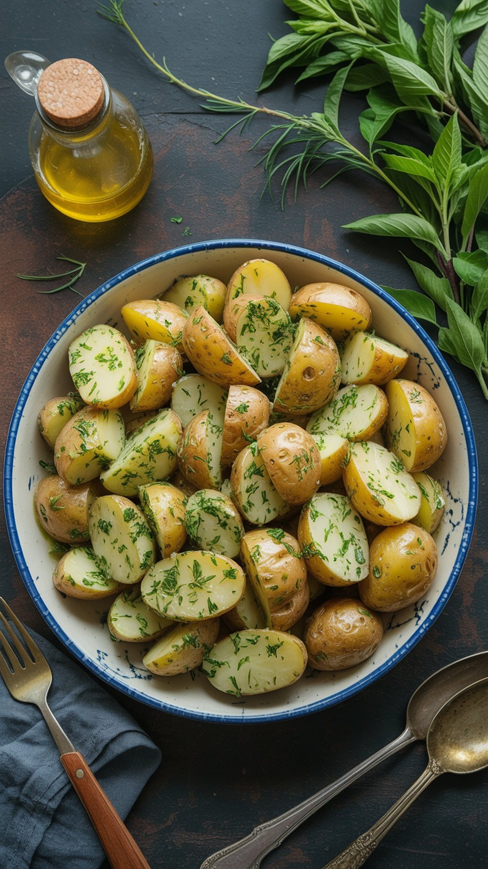 A bowl of herbed potato salad with mustard vinaigrette, featuring halved baby potatoes garnished with fresh herbs.