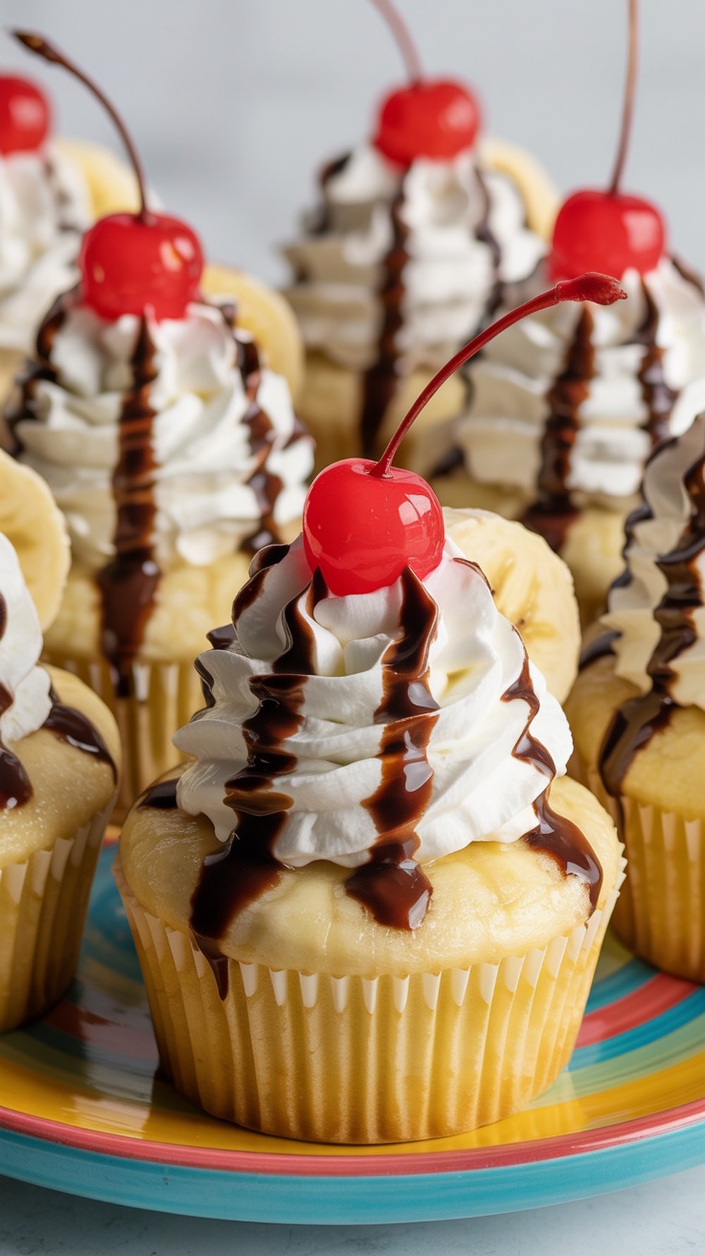 Banana split cupcakes with whipped cream, banana slices, chocolate syrup, and cherries on a colorful plate.