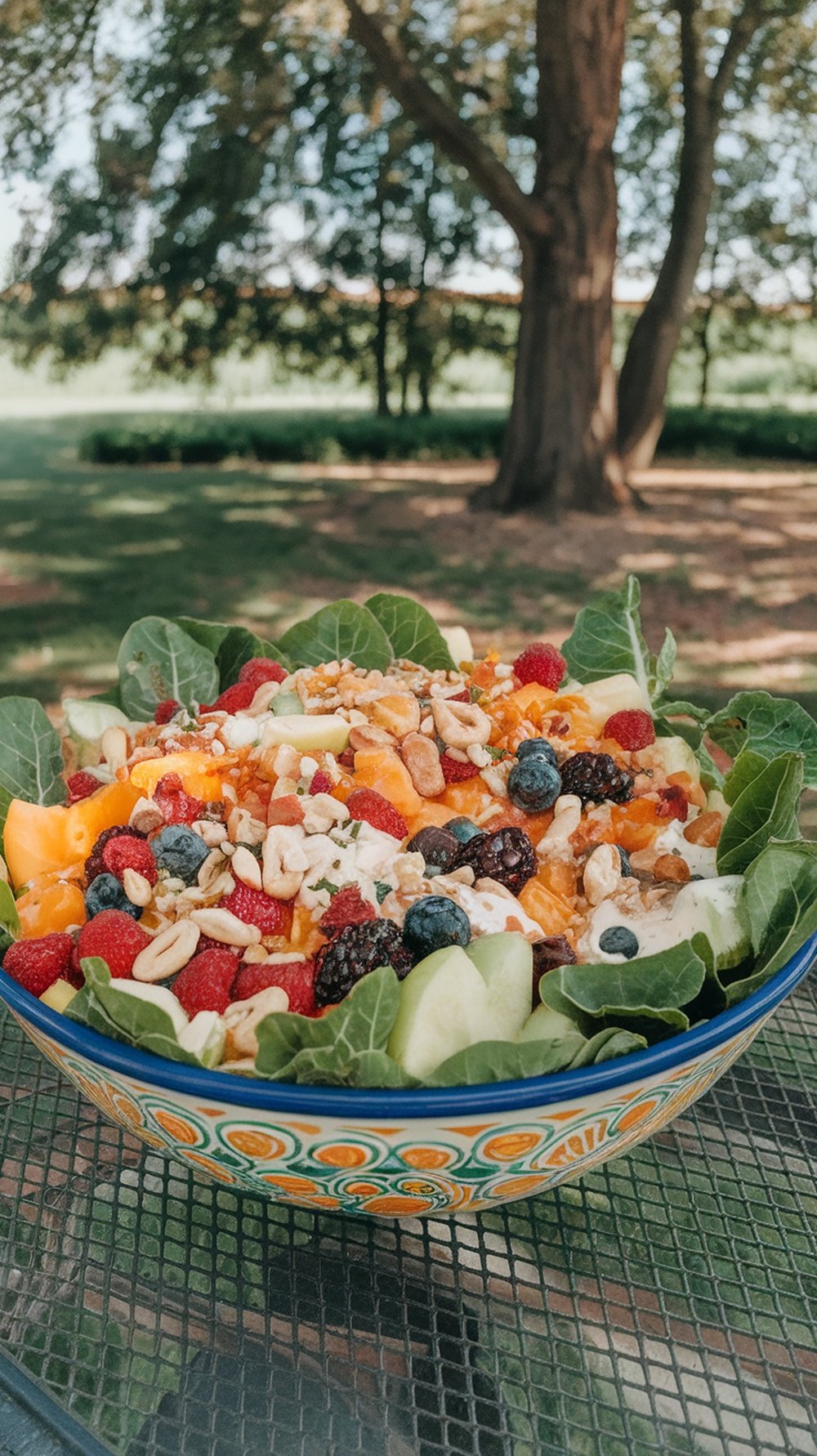 A colorful salad featuring collard greens, fruits, and nuts in a decorative bowl.