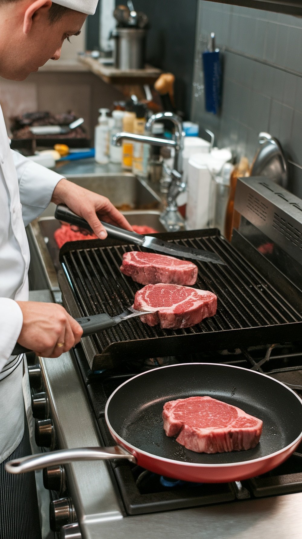 A chef grilling sirloin steaks on a grill with a frying pan on the side.