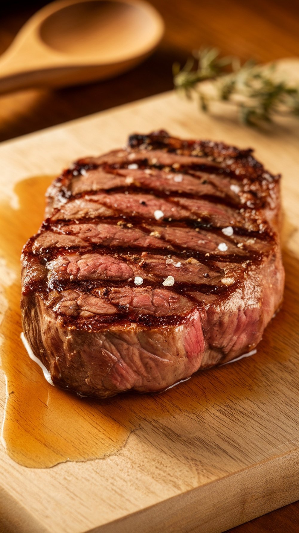A perfectly cooked sirloin steak resting on a wooden cutting board, showcasing grill marks and juicy texture.