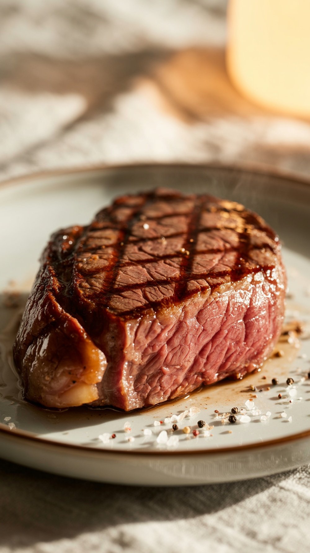 A delicious sirloin steak served with vegetables and a nutritional chart.