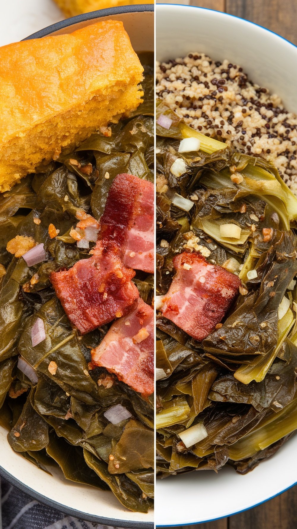 A side-by-side comparison of traditional collard greens with bacon and cornbread, and a healthier version with collard greens and quinoa.
