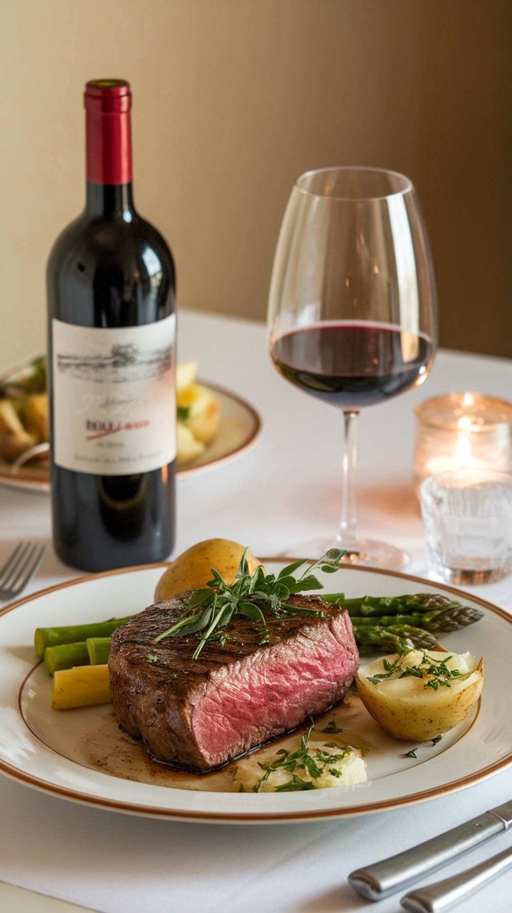 A plate of sirloin steak with asparagus and potatoes, accompanied by a glass of red wine and a bottle of wine.