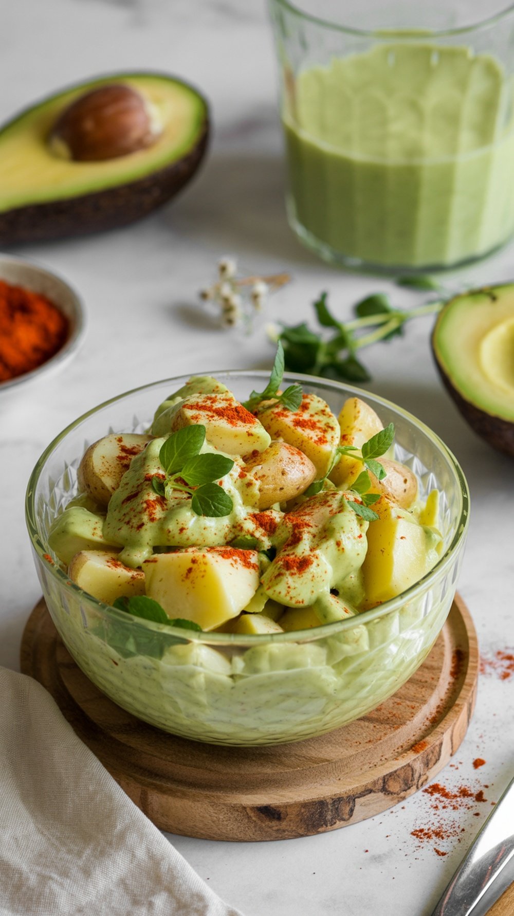 A bowl of vegan potato salad with avocado dressing, garnished with paprika and fresh herbs.