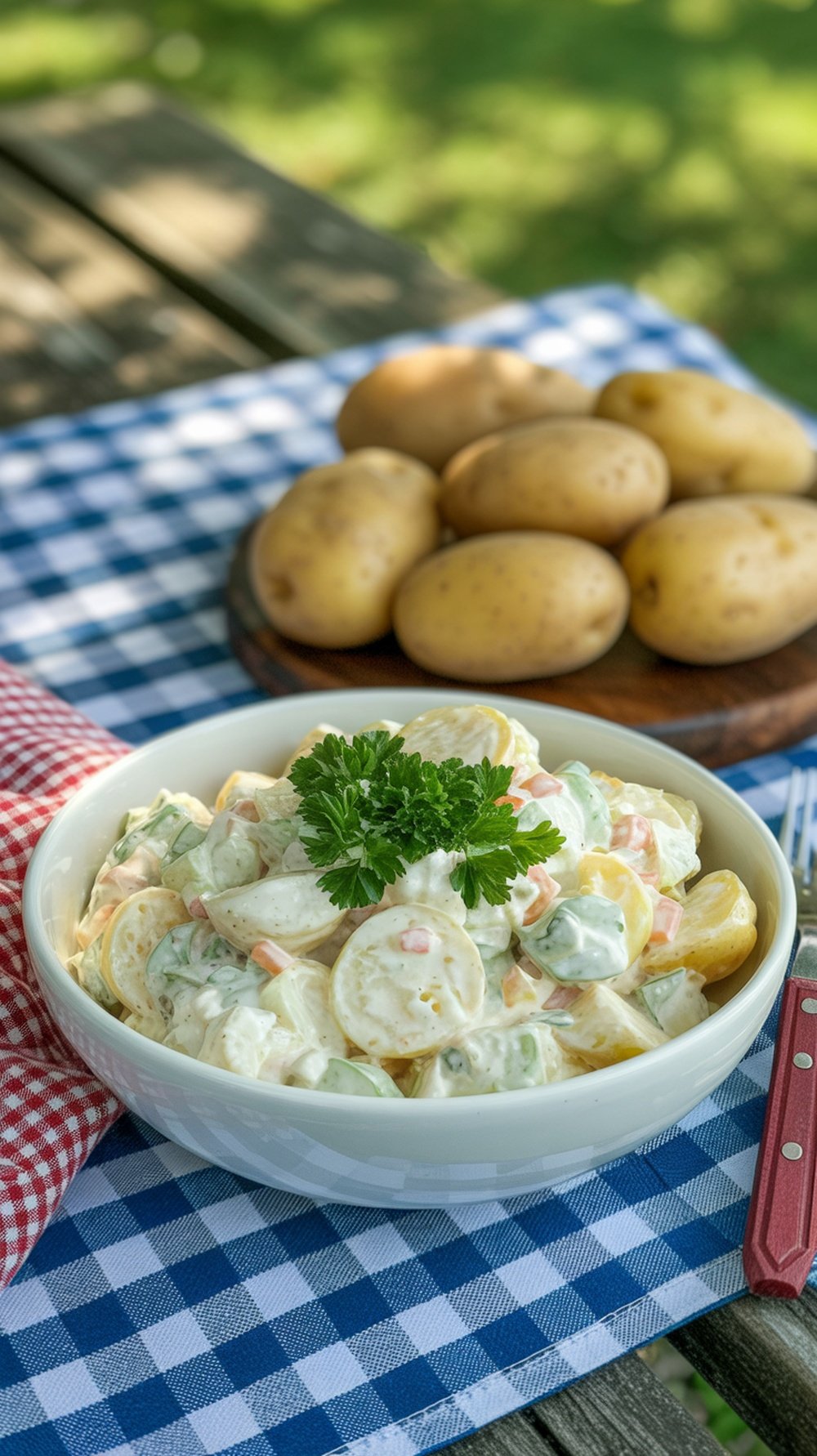 A bowl of creamy potato salad garnished with parsley, with whole potatoes in the background on a checkered tablecloth.