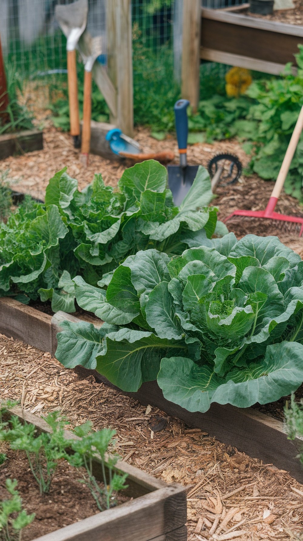 A garden bed with healthy collard greens and gardening tools in the background.