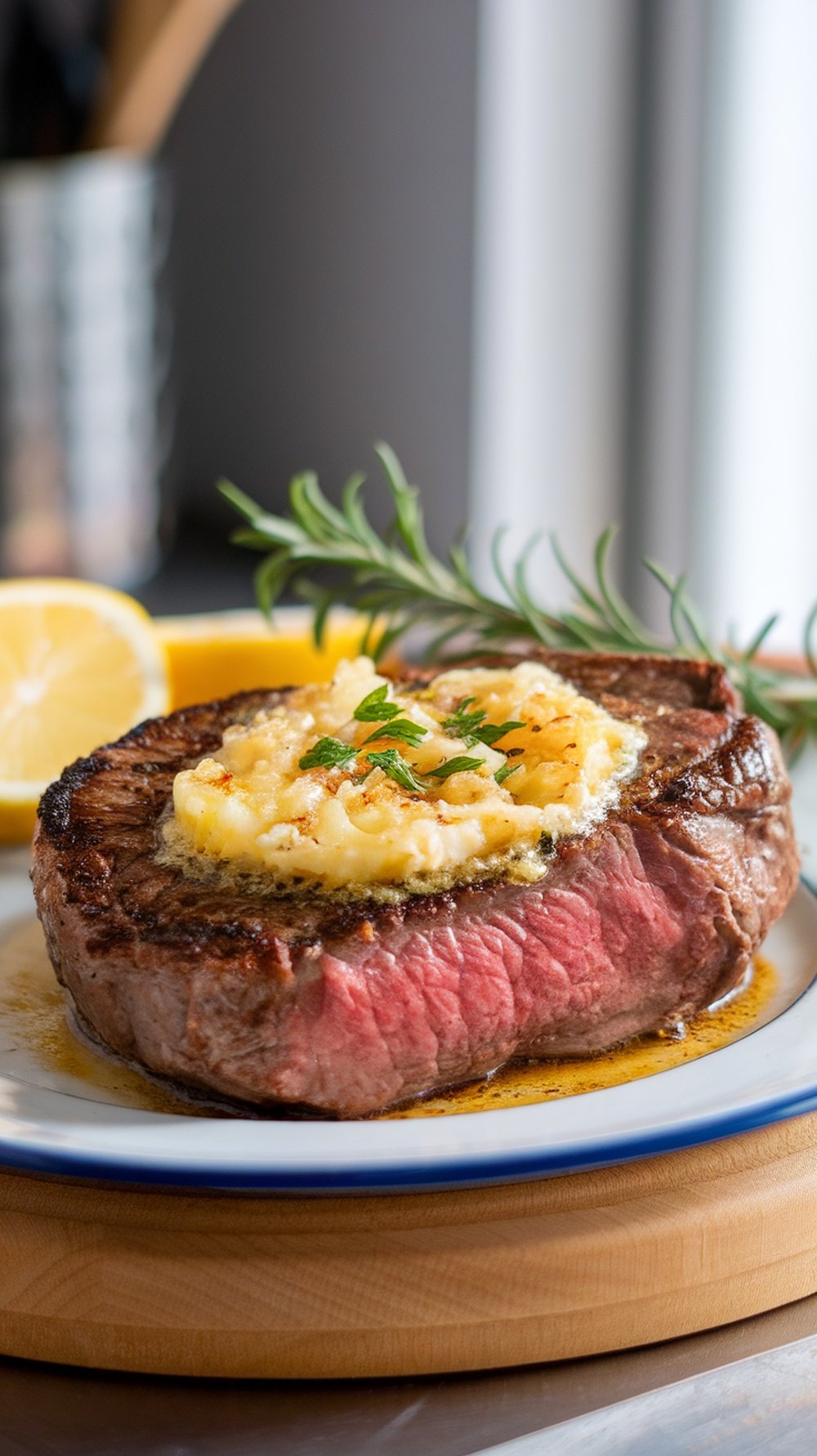 A perfectly cooked sirloin steak topped with garlic butter, garnished with herbs and lemon slices.