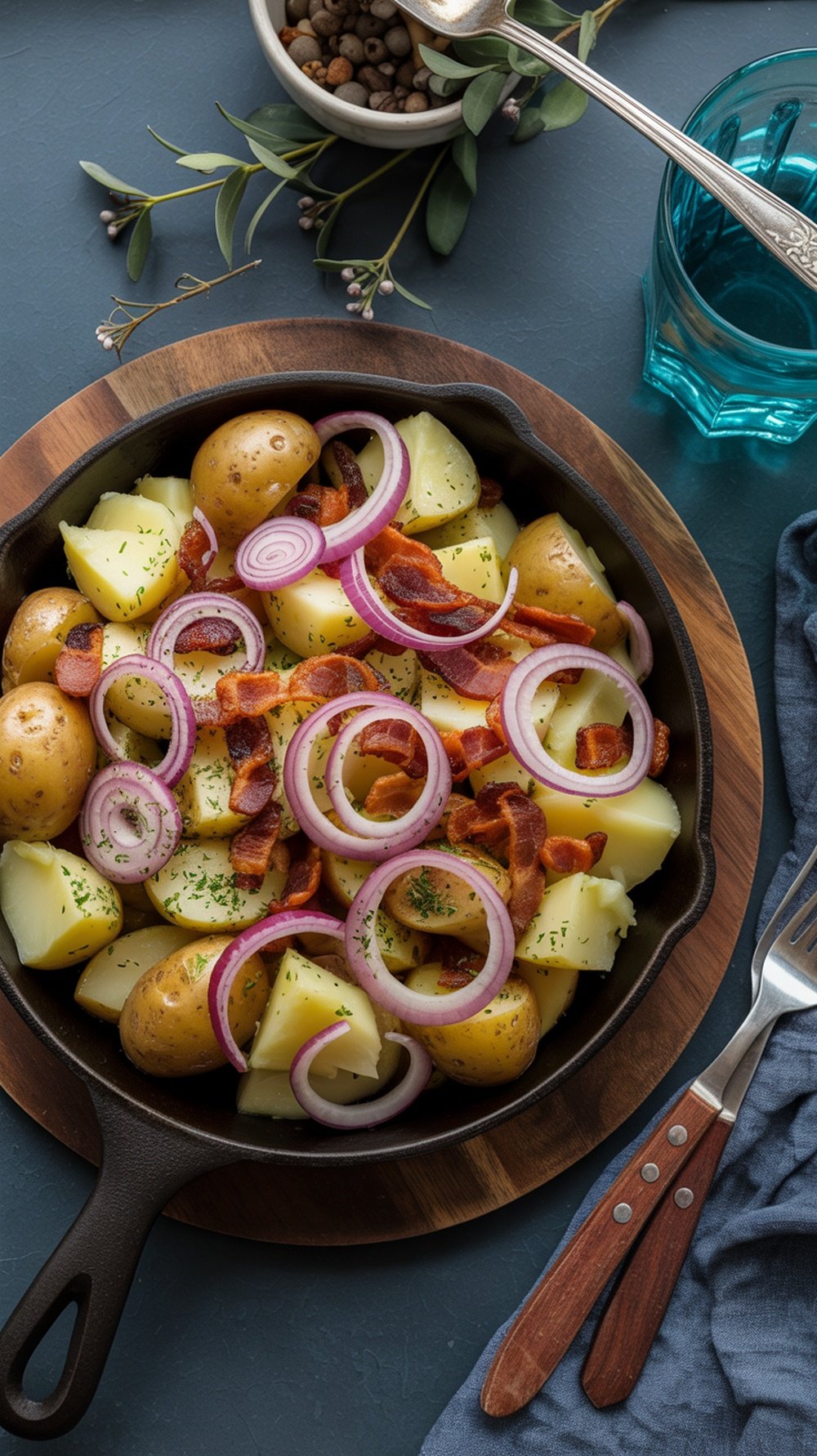A skillet filled with German potato salad featuring baby potatoes, crispy bacon, and red onion slices.