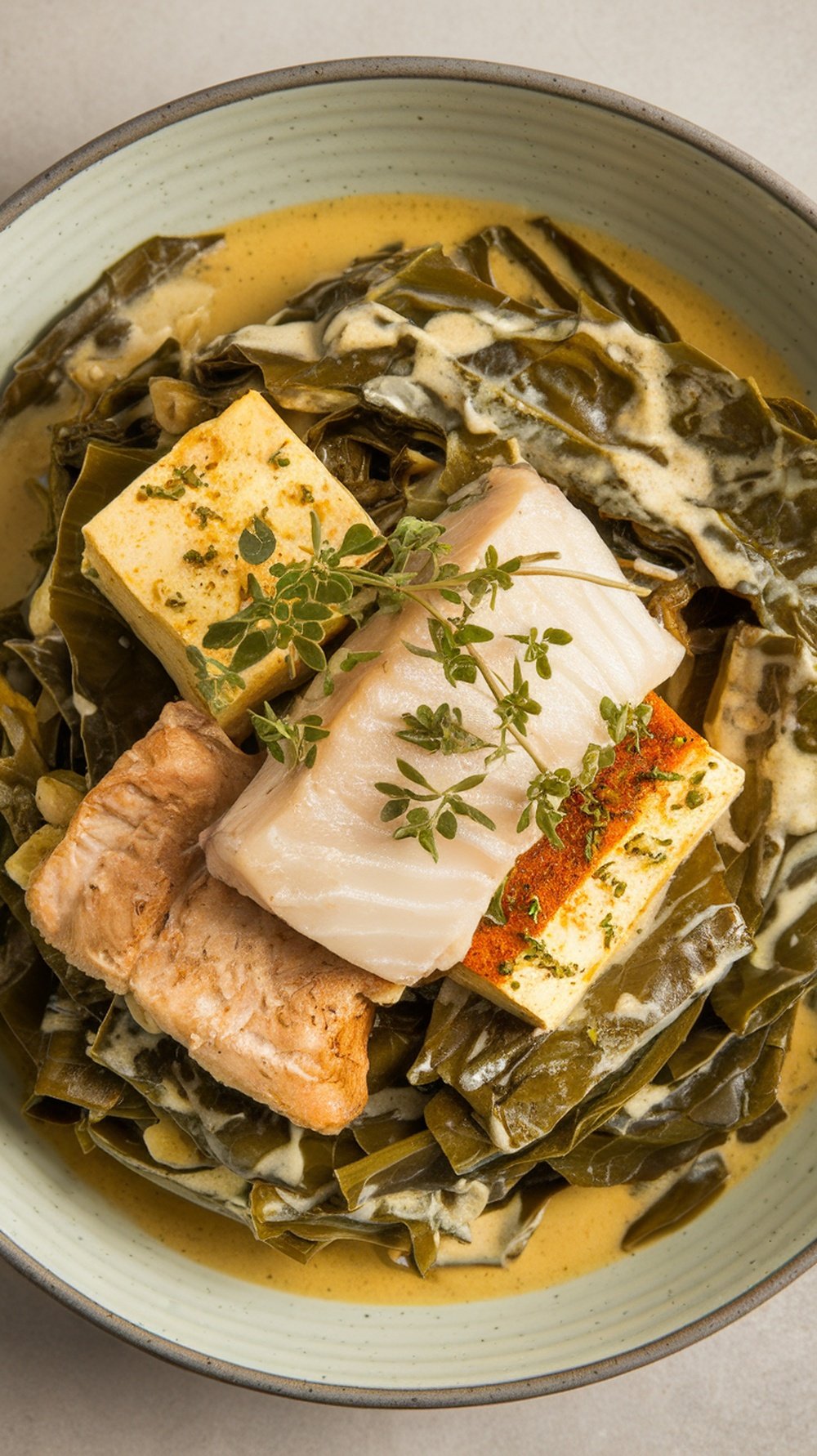 A bowl of collard greens topped with fish and tofu in a creamy sauce.