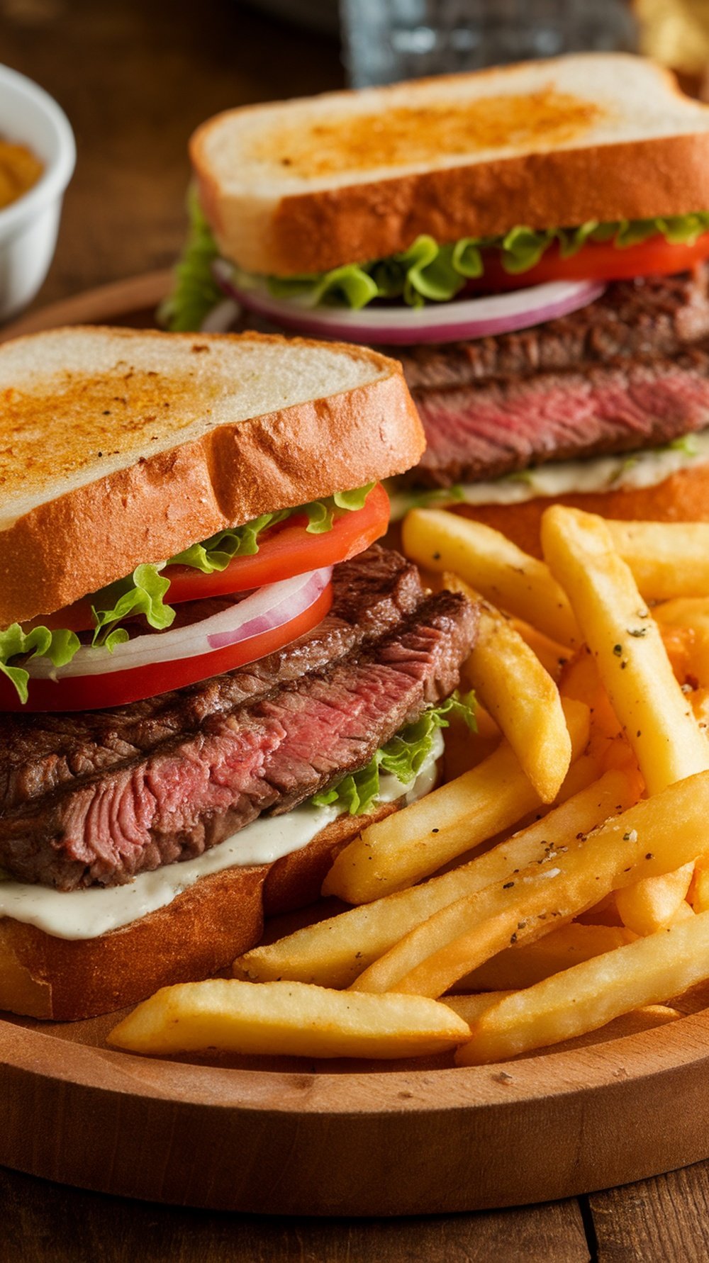 A delicious sirloin steak sandwich with lettuce, tomato, and onion, served with crispy fries.