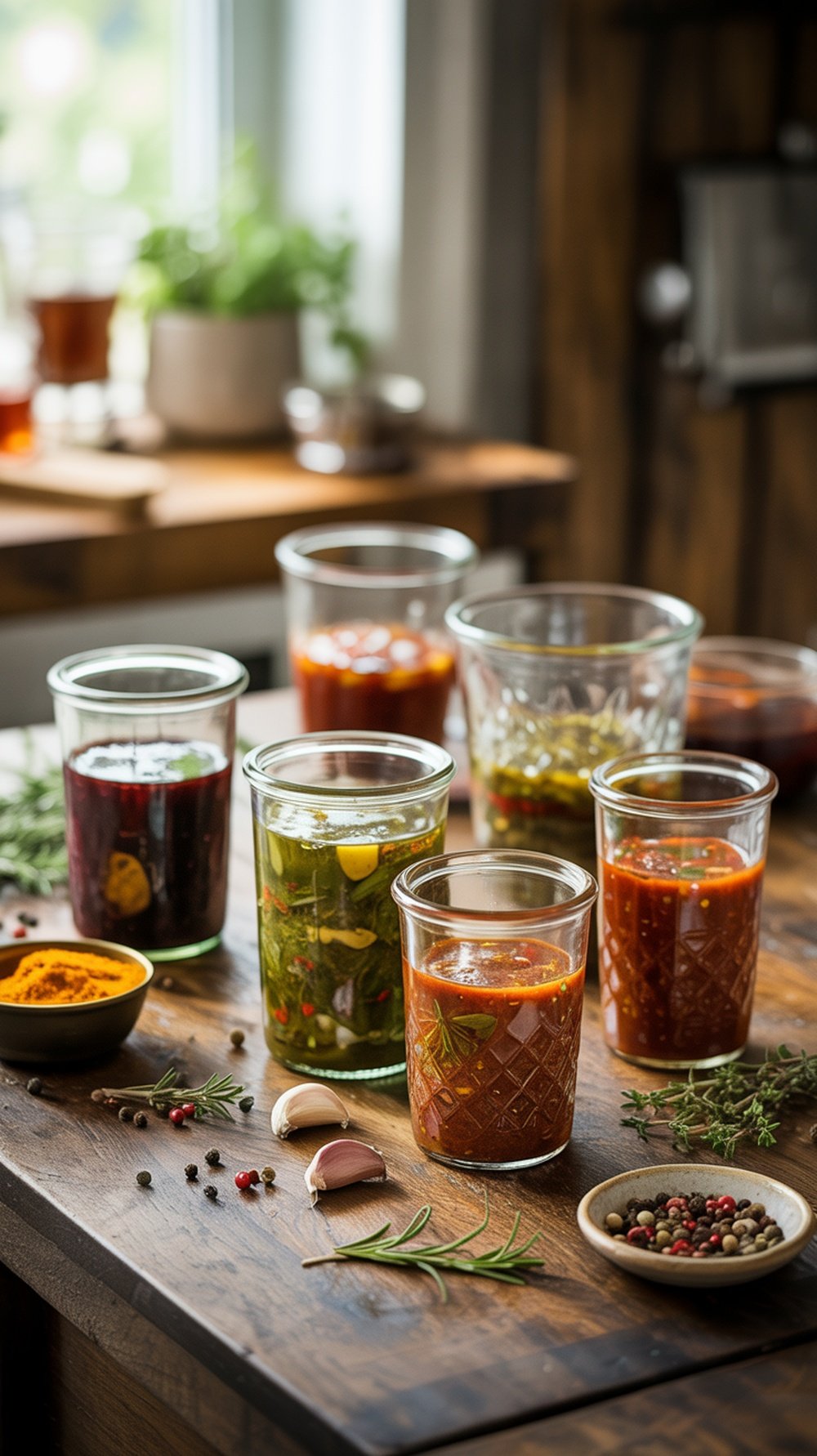 A cozy kitchen with jars of marinades and fresh herbs on a wooden cutting board.