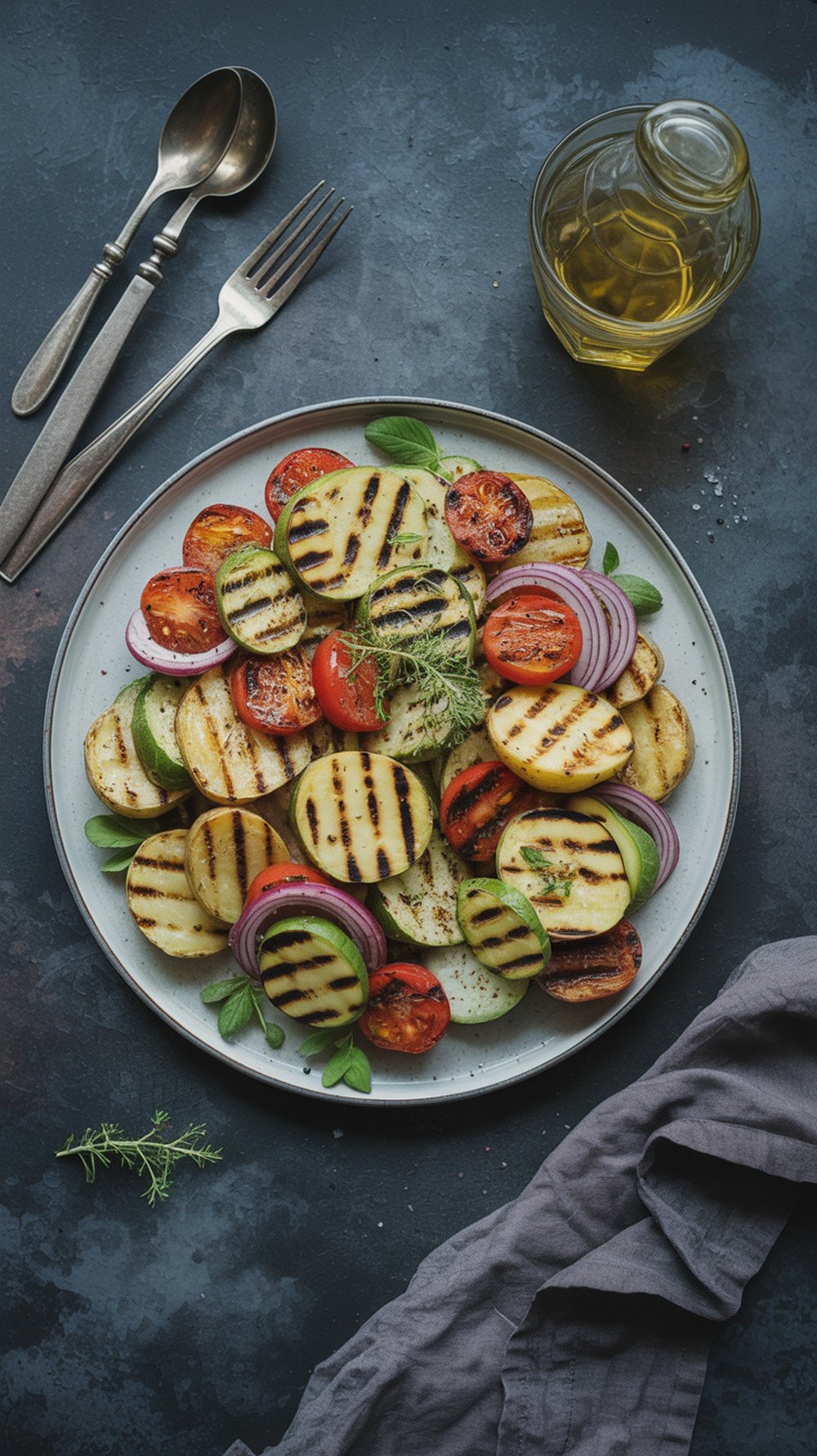 A plate of grilled potato salad with charred vegetables, including potatoes, tomatoes, and onions, garnished with herbs.