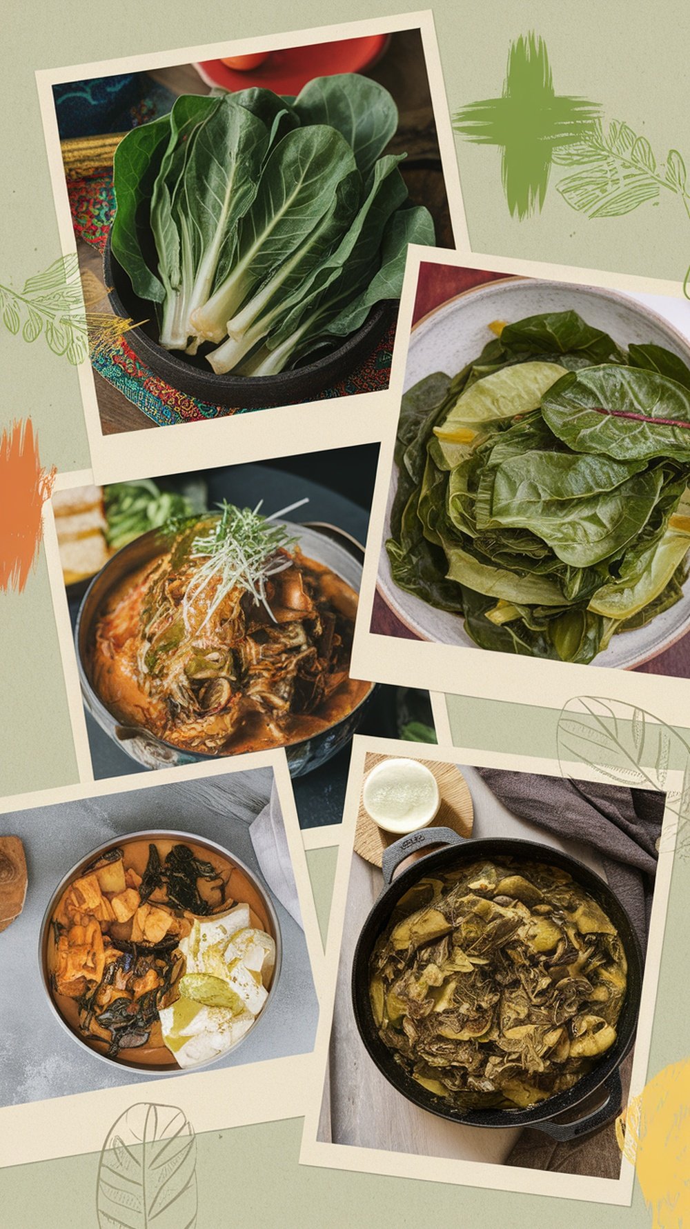 A collage of collard greens in various forms, including fresh leaves and cooked dishes.