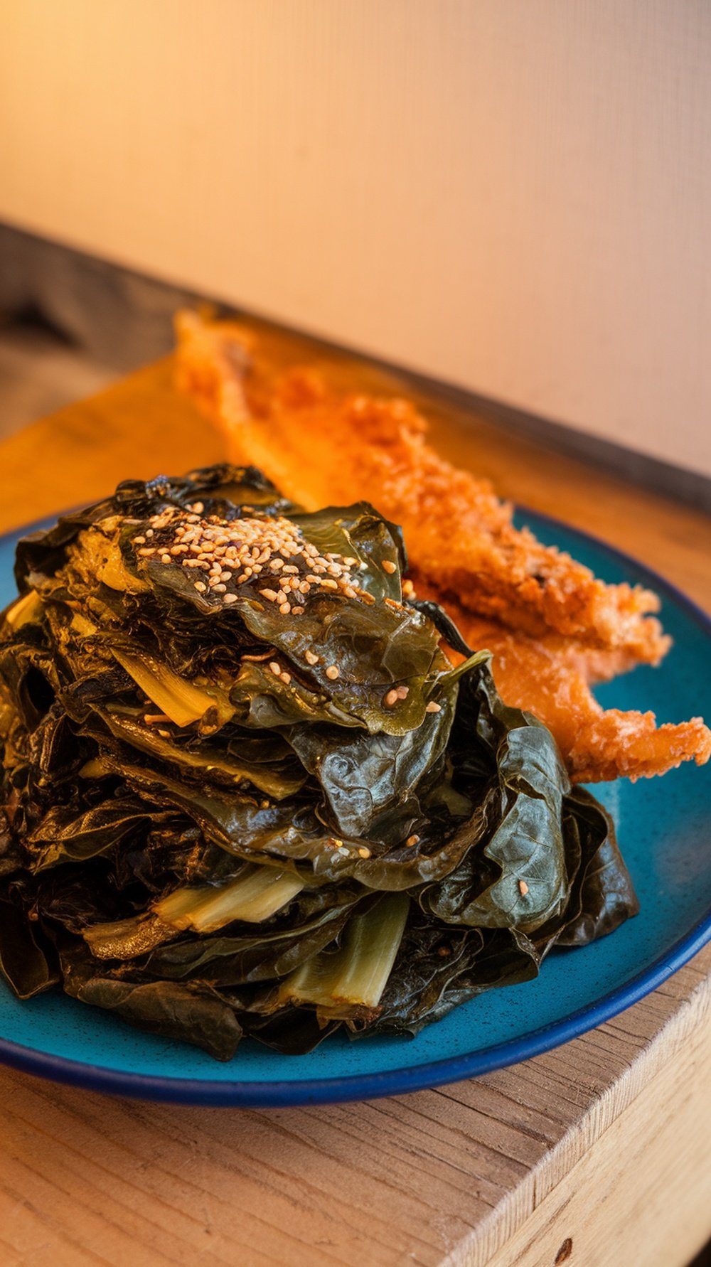 A plate of cooked collard greens topped with sesame seeds, accompanied by a fried item.