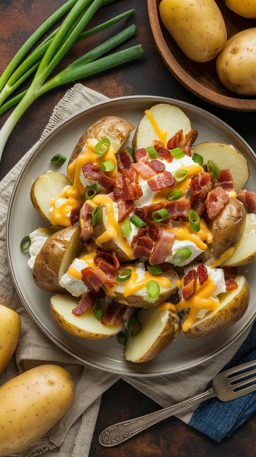 A plate of loaded baked potato salad with bacon, cheese, and green onions.
