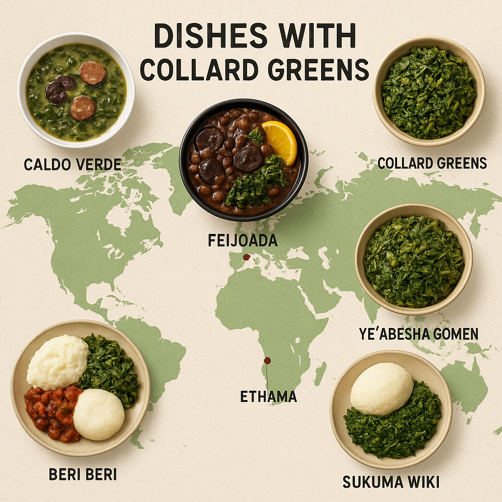 Map showing global cuisines featuring collard greens with images of dishes