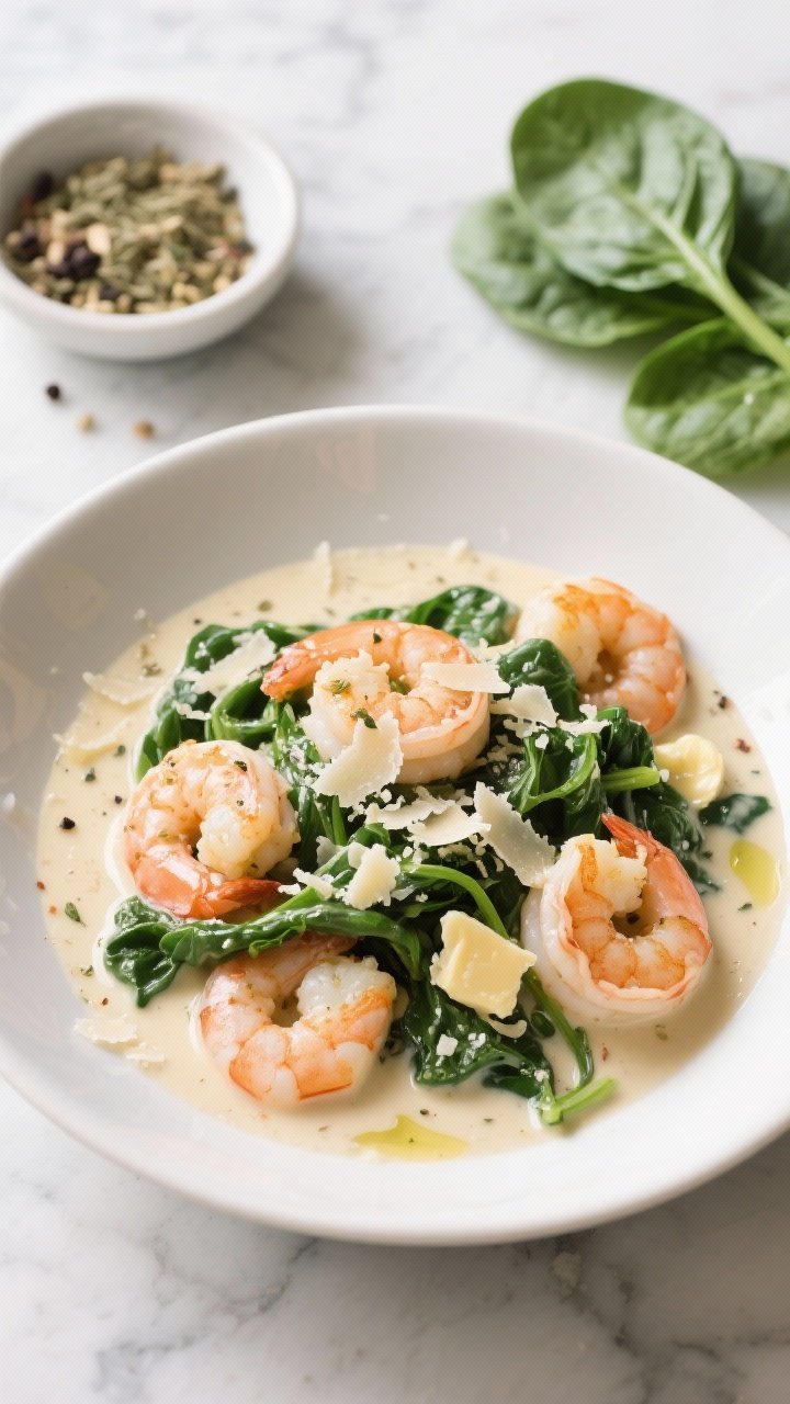 25 lb) nestled in a silky cream sauce folded with wilted spinach and freshly grated Parmesan, perfumed with Italian seasoning and garlic; butter and olive oil gloss visible on the shrimp; served in a wide shallow white bowl, sprinkled with extra Parmesan and a pinch of cracked black pepper; a small dish of Italian seasoning and a few raw spinach leaves styled on a cool marble surface for context; bright, cozy lighting for a comforting, weeknight feel.