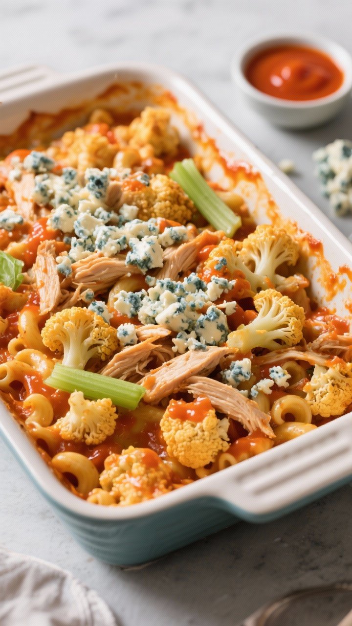 45-degree action-style casserole shot of Buffalo Chicken Cauli “Mac” with Blue Cheese Crumble: roasted cauliflower florets and shredded cooked chicken tossed in melted butter and vibrant orange buffalo sauce, topped with chunky blue cheese crumbles that begin to soften, and a few celery leaves for fresh contrast. Presented in a rectangular enamel baking dish with saucy streaks on the sides, a small bowl of extra buffalo sauce and blue cheese on the set, saturated color grading to highlight the fiery sauce, crisp textures visible without any human presence.