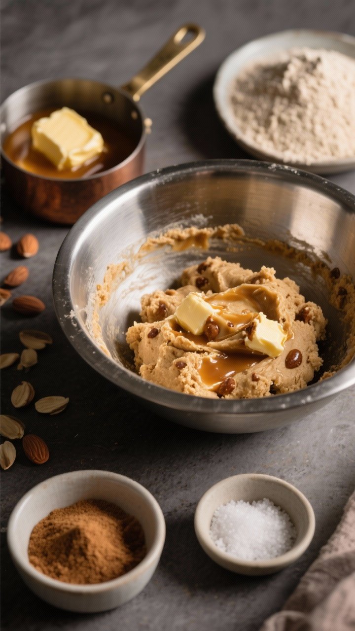 45-degree angle close-up of browned-butter almond flour cookie dough being folded together in a stainless bowl, with visible brown-speckled butter and a caramel-toned hue. Surround with styled ingredients: a small saucepan of browned unsalted butter with golden milk solids, a mound of blanched almond flour, allulose, brown-style keto sweetener, fine sea salt, and baking soda in tiny pinch bowls. Emphasize glossy, toffee-like sheen and nutty aroma cues; moody, warm lighting and shallow depth of field.