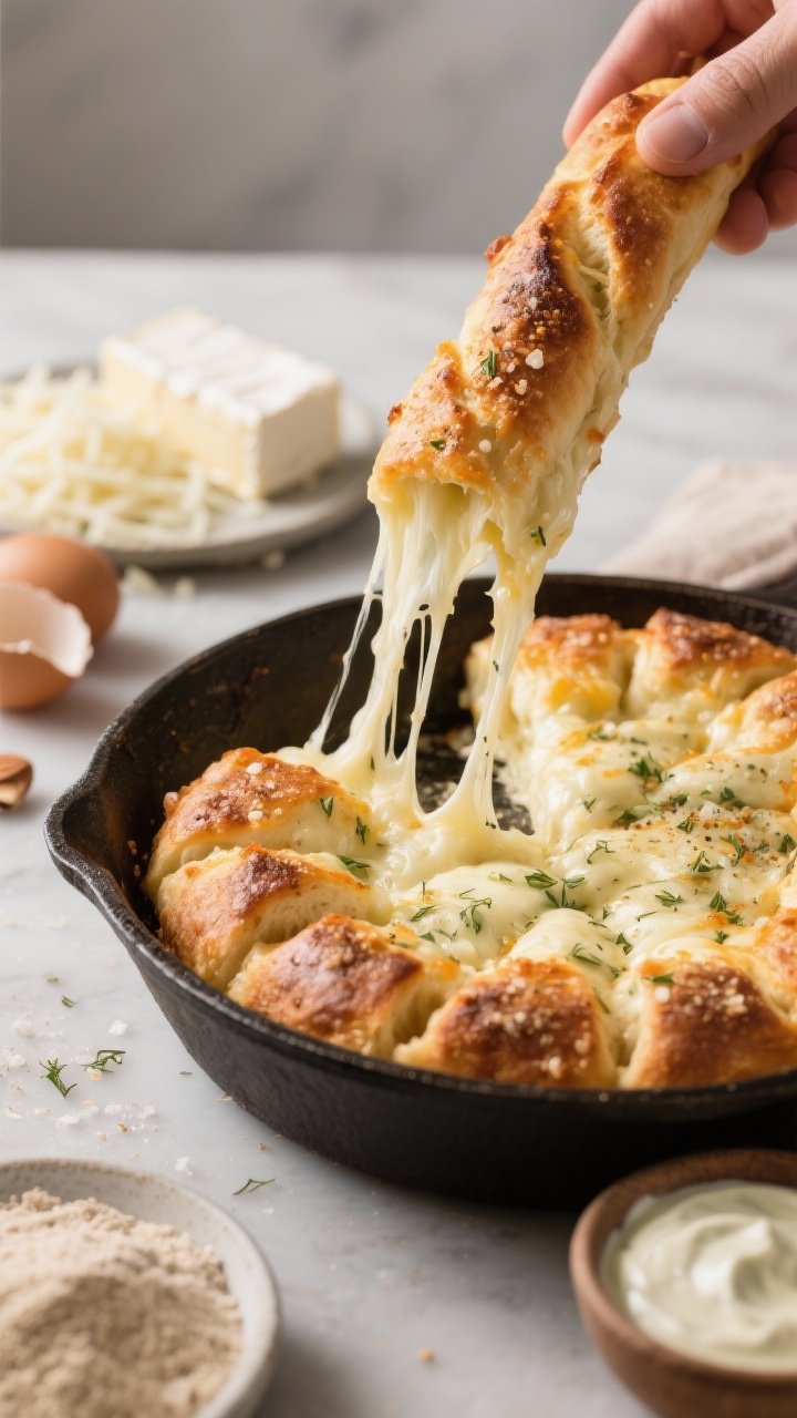 45-degree angle close-up of Cheesy Pull-Apart Mozzarella Breadsticks, stretched as a piece is lifted to showcase dramatic mozzarella cheese pulls. The breadsticks are baked in a round cast-iron skillet, edges browned and bubbling. Light dusting of ranch-inspired dry seasoning visible on top (garlic powder, kosher salt, dried herbs), with a small dipping bowl of ranch on the side. Include ingredient hints in the background: shredded low-moisture mozzarella and cream cheese, almond flour, egg, baking powder. Soft directional light to emphasize melt and texture, rustic casual vibe.