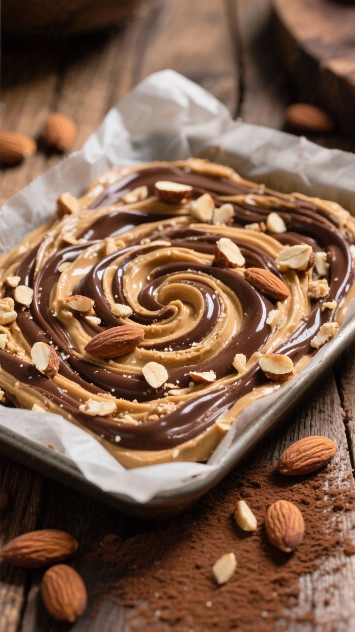 45-degree angle close-up of crunchy almond–cacao swirl fat bombs swirled in a parchment-lined tray: ribbons of natural peanut butter marbled with cocoa-infused coconut oil, sweetened with powdered erythritol, studded with chopped roasted almonds for visible crunch. High-contrast lighting to emphasize glossy cacao swirls and nut texture; scattered roasted almond pieces and a dusting of cocoa powder around the scene; warm, rustic wood surface to highlight the rich tones.