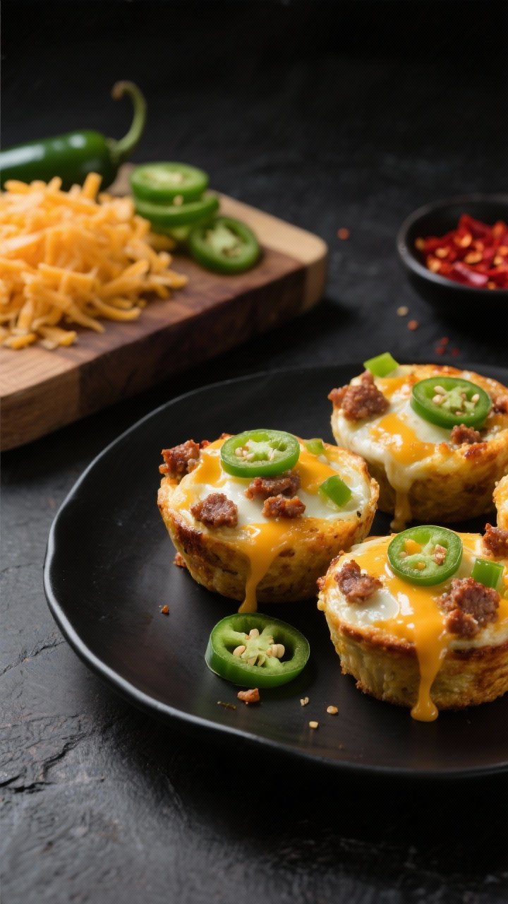 45-degree angle close-up of Spicy Jalapeño Pepper Jack egg muffins on a matte black plate, showcasing gooey Pepper Jack stretch and visible diced fresh jalapeños (some seeds left for heat) studded throughout. Crumbled hot breakfast sausage peeks through the lightly blistered tops, with a glossy finish from the egg and cream mixture. Background includes a small cutting board with sliced jalapeños, a heap of shredded Pepper Jack, and a tiny dish of red chili flakes to suggest heat. Dark, moody styling with directional light to emphasize spice and texture.