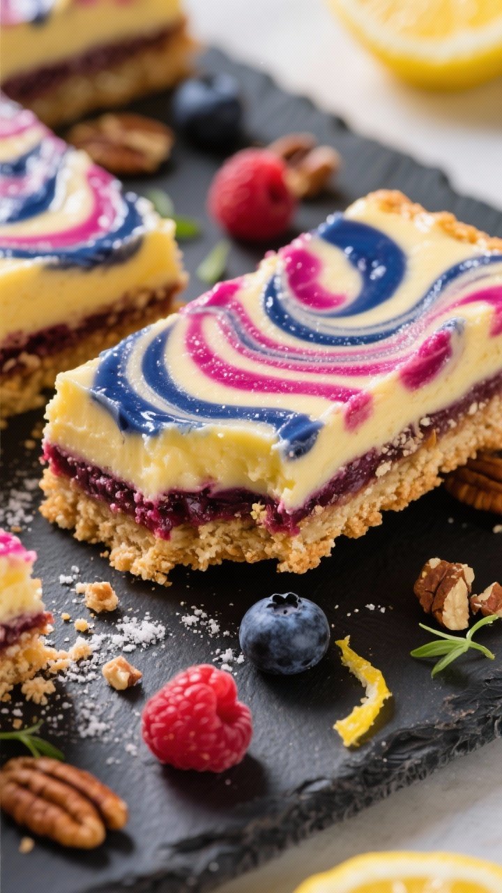 45-degree angle close-up of Zesty Lemon Berry Swirl Bars: golden crust with almond flour and finely chopped pecans, sweetened with powdered allulose and butter, topped with a lemon cream filling marbled with vivid berry swirl (raspberry and blueberry puree look), creating dramatic ribbons of magenta and deep blue. One bar lifted slightly to show defined layers and crumb, scattered fresh berries and micro-zested lemon on a slate board, high contrast, punchy colors, tack-sharp focus on the swirl.