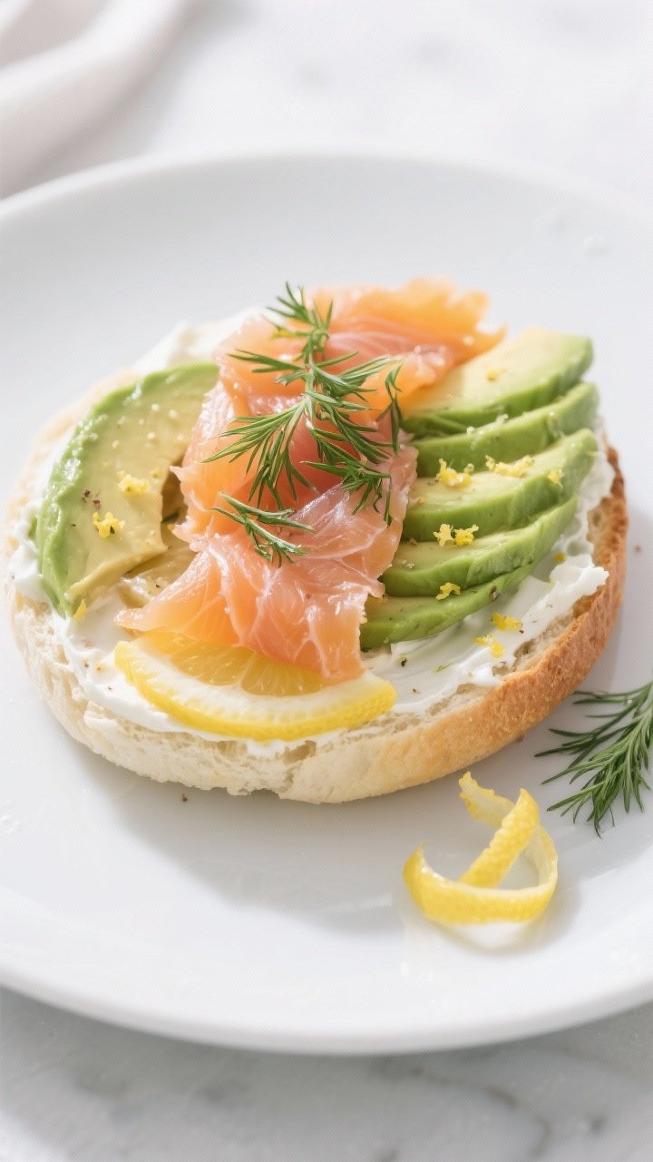 45-degree angle, elegant plated brunch sandwich on cloud bread: silky smoked salmon ribbons, ripe avocado slices fanned neatly, a schmear of softened cream cheese with lemon zest folded in, a light squeeze of lemon juice beading on the avocado, and fresh chopped dill scattered on top; served on a matte white plate with extra dill sprigs and lemon zest curls; cool daylight, clean Scandinavian styling, focus on the lush salmon and creamy textures.